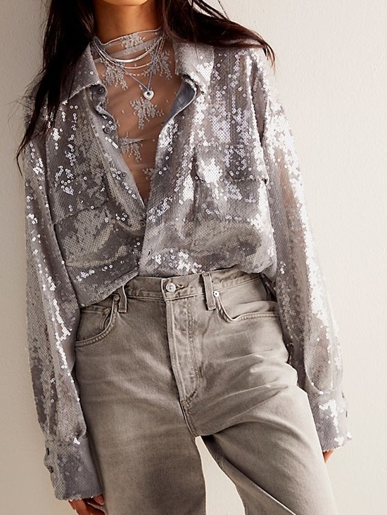 Free People Tops - Free People Disco Margahrita Silver Sequin Button-Down Blouse